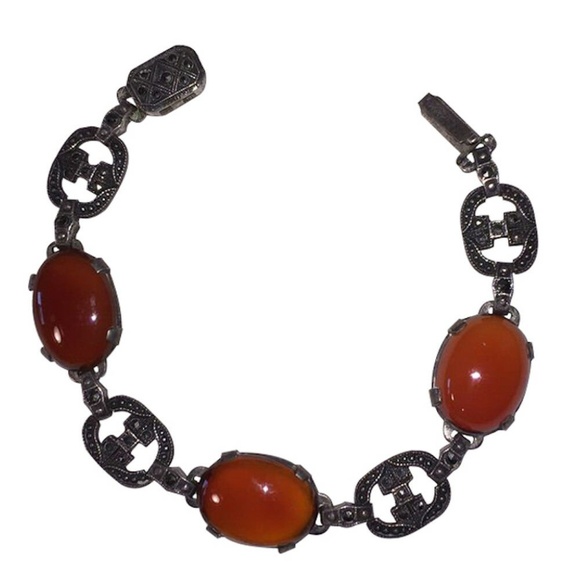 Art Deco Sterling Silver Marcasite & Carnelian Cab